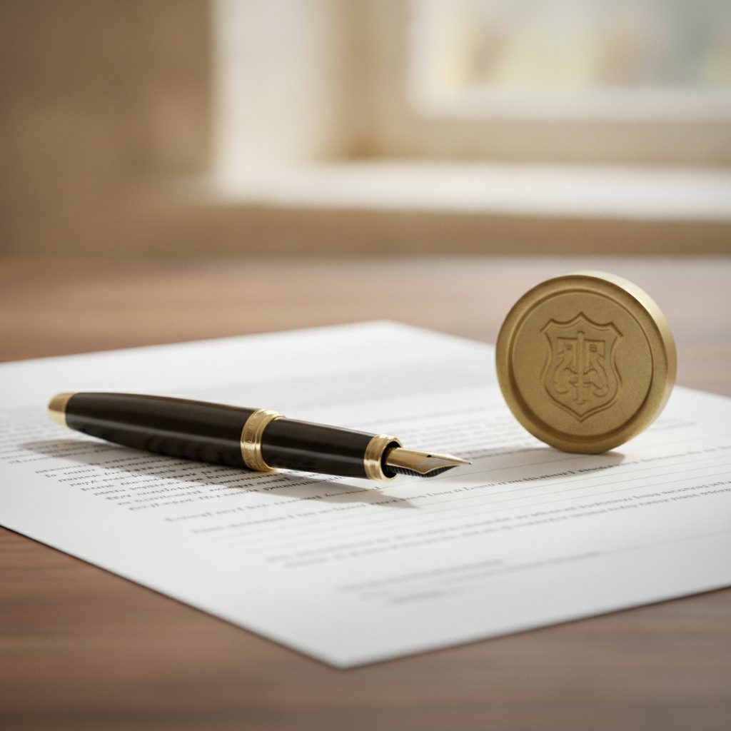 A fountain pen resting on a crisp legal document beside a brass seal